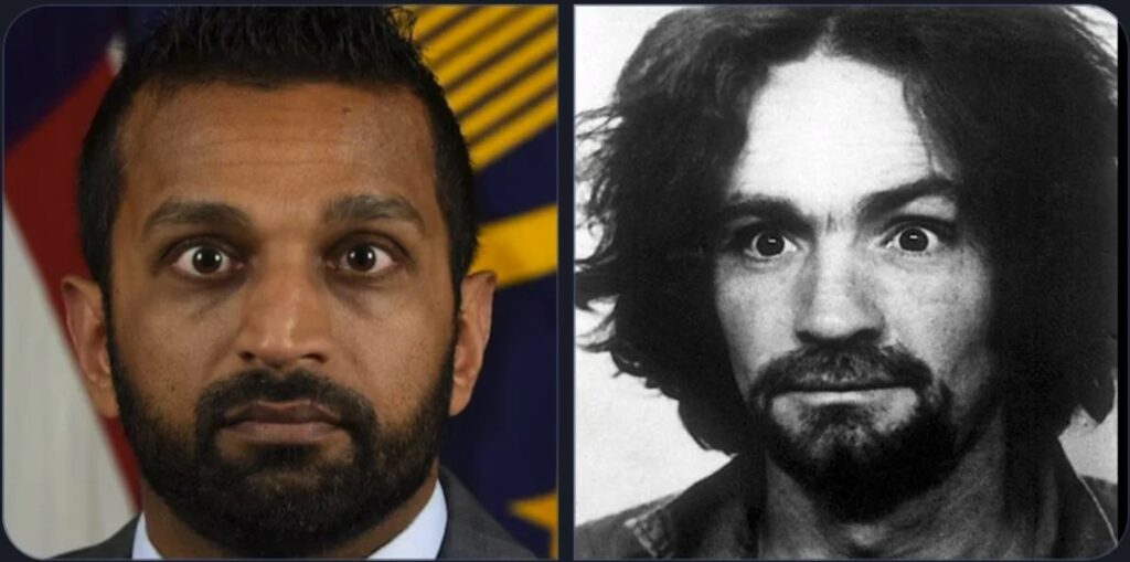 Side by side comparison of FBI director Kash Patel and Charles Manson.  The similarities in their eyes are haunting!